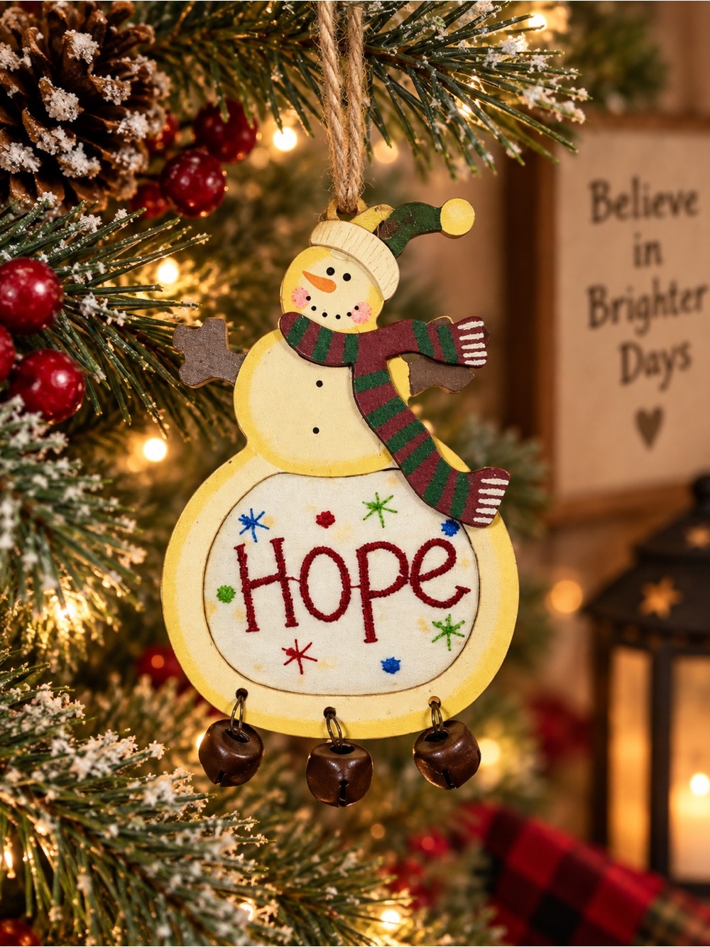 Rustic Snowman Hope Christmas Ornament with Jingle Bells Folk Art Holiday Decor